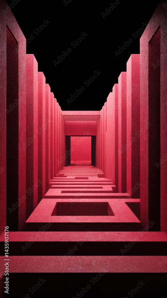 Naklejka premium A long symmetrical corridor in shades of red stretches into the darkness, its geometric design creating an intriguing perspective of depth and mystery.