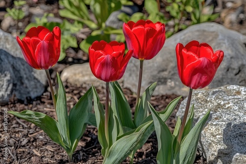 Four vibrant red tulips in a garden photo