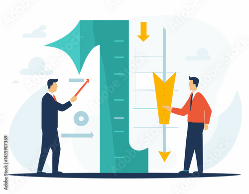 Benchmark performance or KPI key performance indicator, metrics or measurement to measure success, result evaluation, analysis or comparison concept, businessman magnify benchmark metric graph scale.
