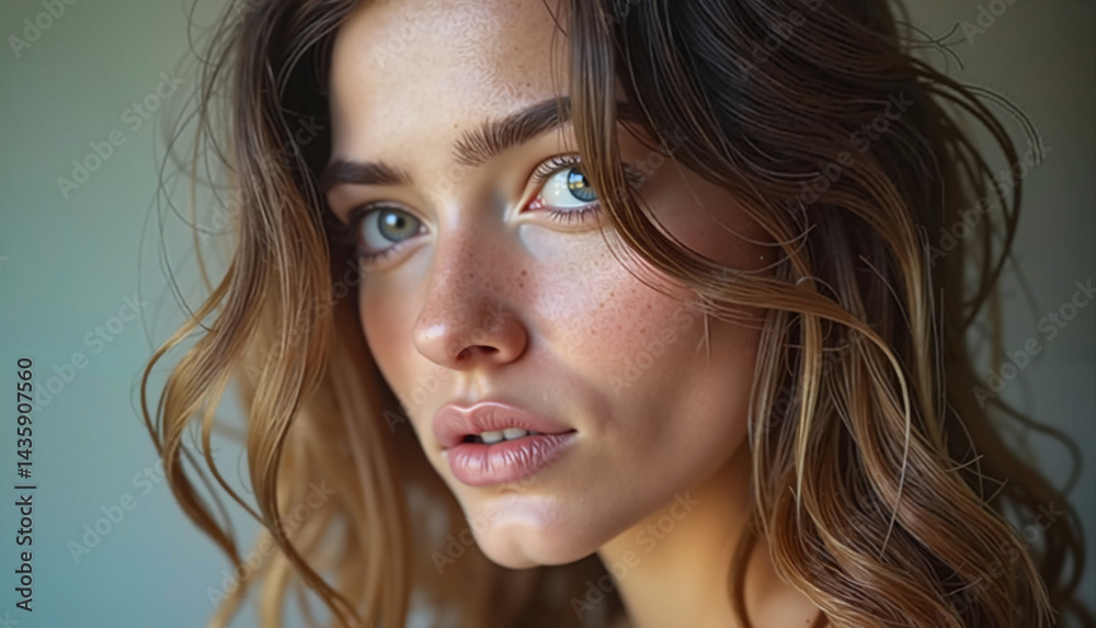 Portrait of girl with loose hair, looking at viewer in confusion after breakup, emotional moment with copy space Portrait of girl with loose hair, looking at viewer in confusion after breakup, emotional moment with copy space
