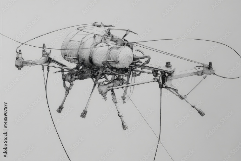 Intricate Mechanical Drawing of a Futuristic Drone with Rotors