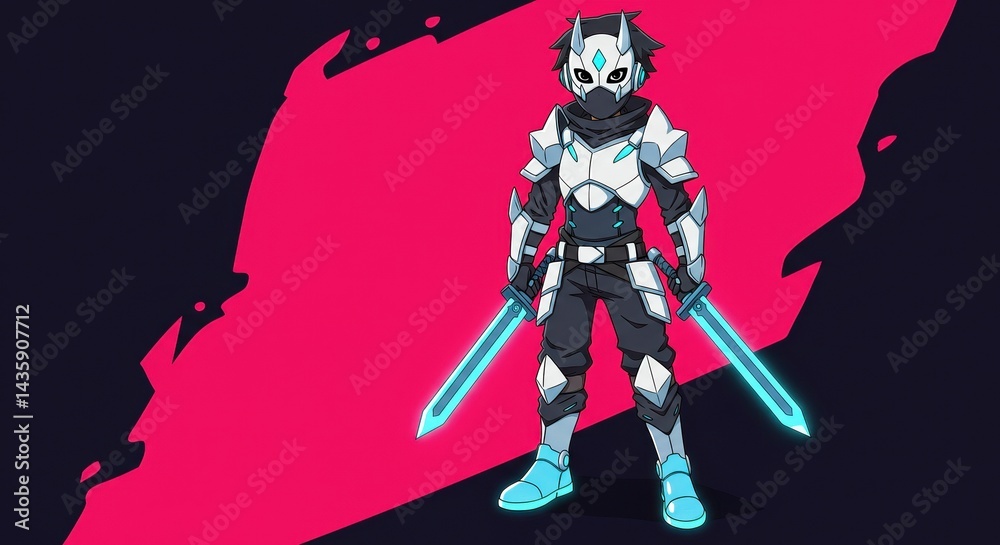 武装したキャラクターが武器を持って立っている、ピンクと黒の背景に使用 武装したキャラクターが武器を持って立っている、ピンクと黒の背景に使用