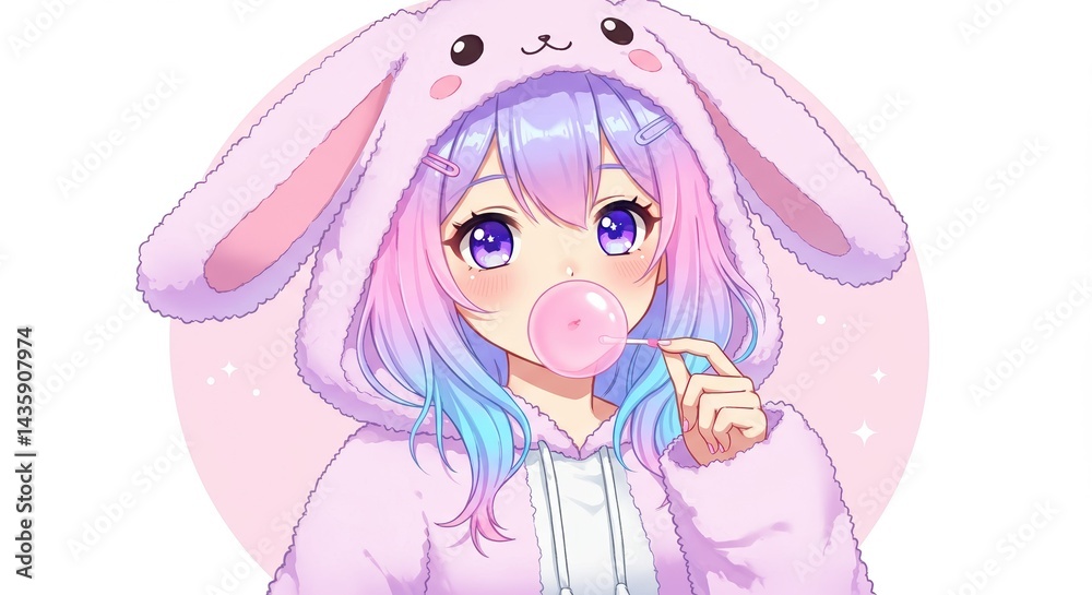 ピンクのバニーフード付きの女の子がガムを膨らませる,ソーシャルメディア用 ピンクのバニーフード付きの女の子がガムを膨らませる,ソーシャルメディア用