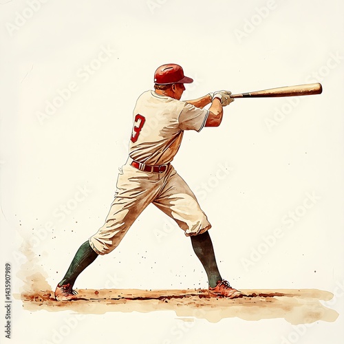 Vintage Baseball Player in Action A Watercolor Illustration of a Classic Swing.