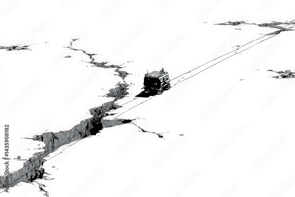 Isolated Vehicle Navigating a Cracked Surface in a Stark Landscape