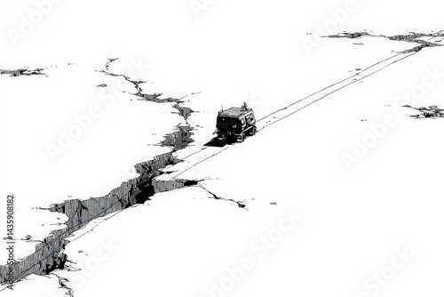 Obraz na płótnie Isolated Vehicle Navigating a Cracked Surface in a Stark Landscape w salonie