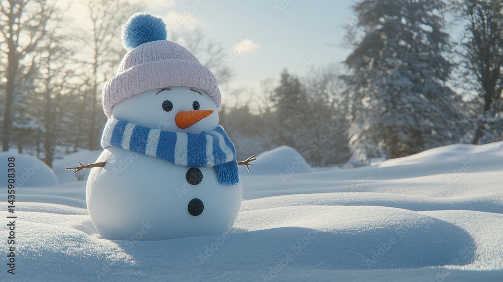Obraz premium Charming snowman with a striped scarf and knitted hat stands in a snowy winter landscape, bathed in soft sunlight