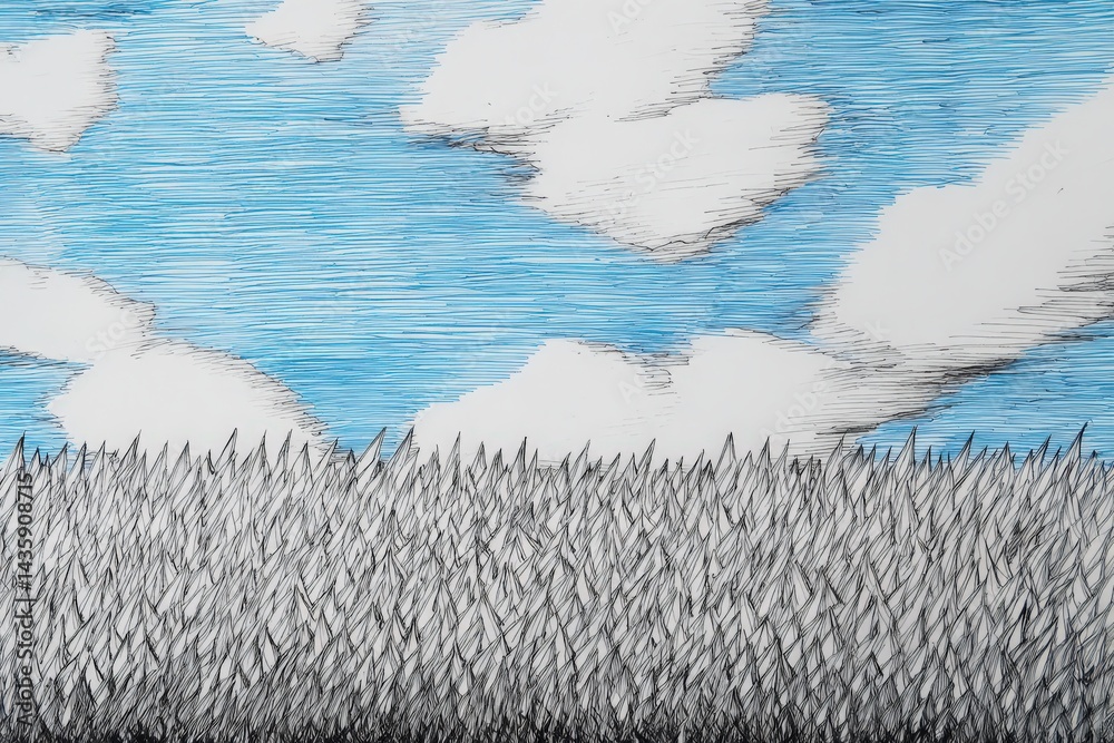 Landscape Drawing with Blue Sky and White Clouds over Grass Field