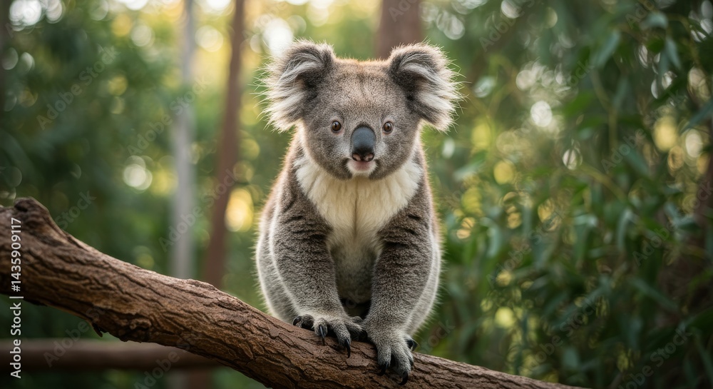 Fototapeta premium Adorable Koala on Branch in Lush Forest - A charming koala sits on a tree branch, symbolizing Australian wildlife, tranquility, nature's beauty, conservation, and peaceful coexistence