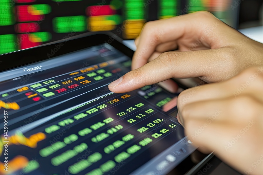 Hands interact with financial data on tablet Hands interact with financial data on tablet