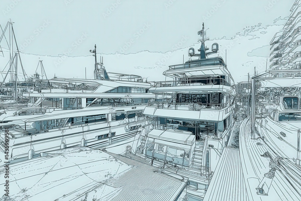Line Art of Luxury Yachts in Marina Displaying Nautical Lifestyle