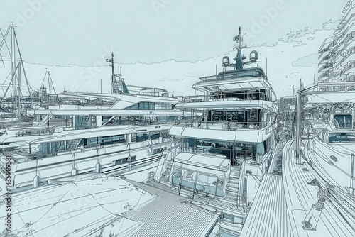 Obraz na płótnie Line Art of Luxury Yachts in Marina Displaying Nautical Lifestyle w salonie