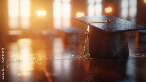 Graduation caps gleam in the golden, old room