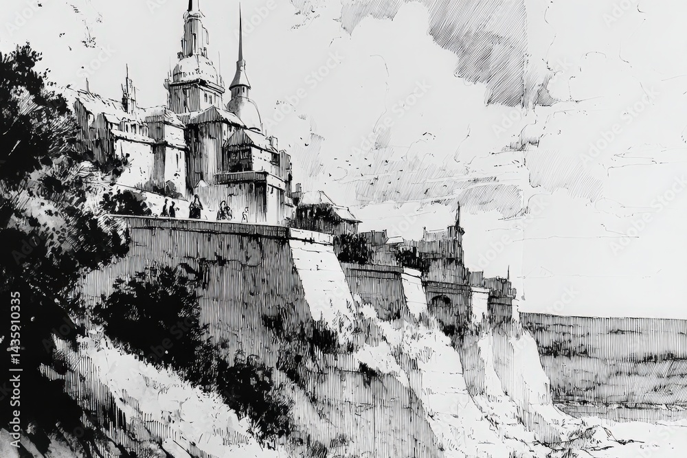 Majestic Castle on Cliffside with Dramatic Clouds and Towering Spires