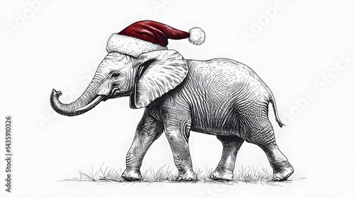 Christmas Elephant Wearing Santa Hat in Black and White Illustration