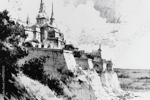 Obraz na płótnie Majestic Castle on Cliffside with Dramatic Clouds and Towering Spires w salonie