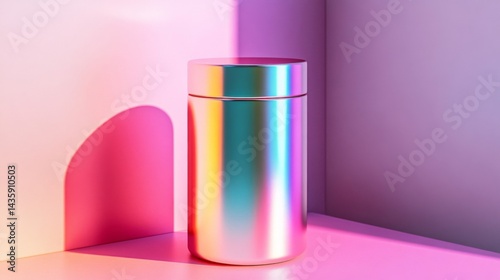 Iridescent Metallic Cylinder Container on Pink and Purple Background