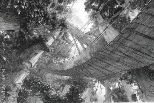 Obraz na płótnie Majestic Tree Canopy with Suspension Bridge in Lush Forest Landscape w salonie