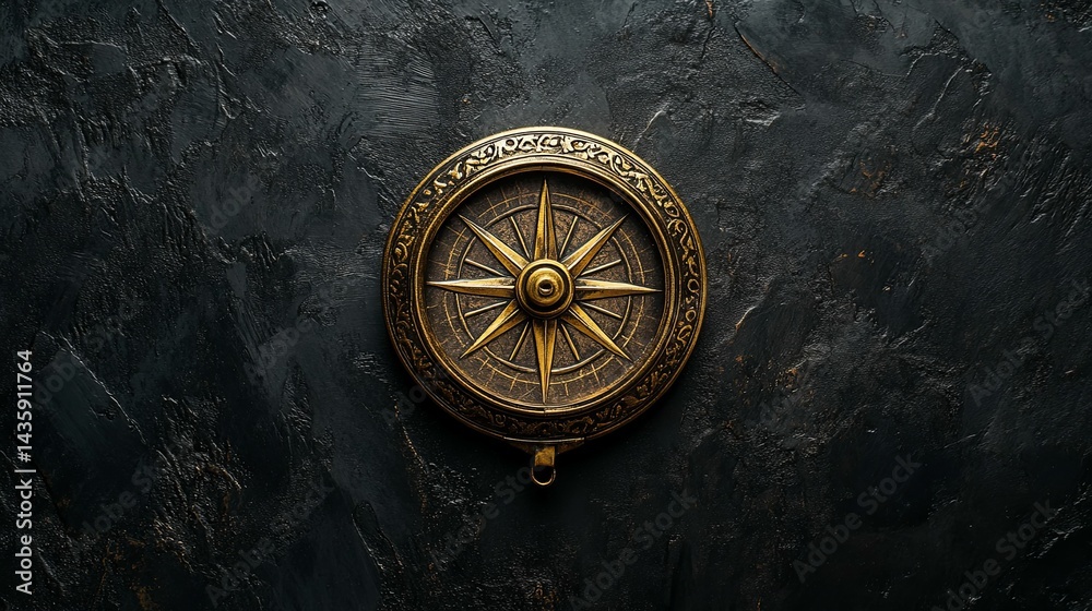 Fototapeta premium Vintage compass positioned centrally on dark textured surface.
