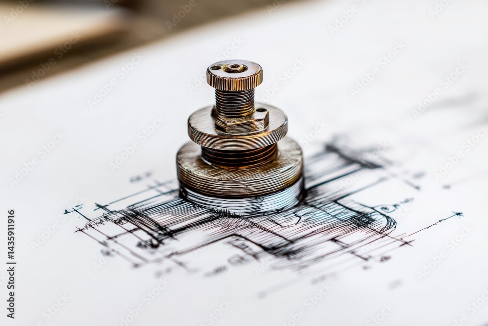 Mechanical Component on Engineering Blueprint with Drafting Details