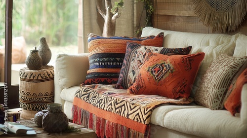 Fototapeta Naklejka Na Ścianę i Meble -  boho living space with colorful pillows, tribal patterned blanket, warm eclectic vibe 