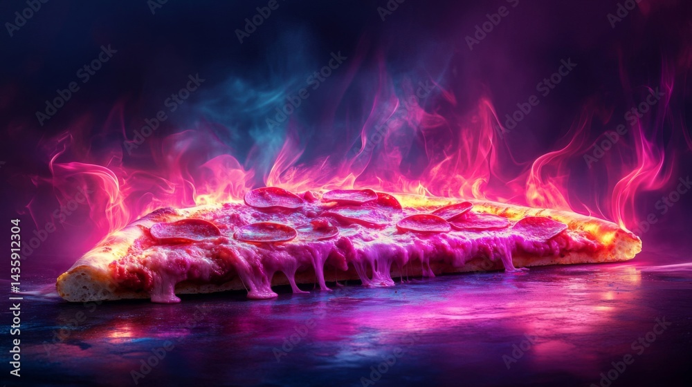 Fototapeta premium Flaming Pizza Slice with Pink and Blue Fire