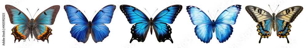 Fototapeta premium PNG Vibrant blue butterflies in symmetry, element set on transparent background