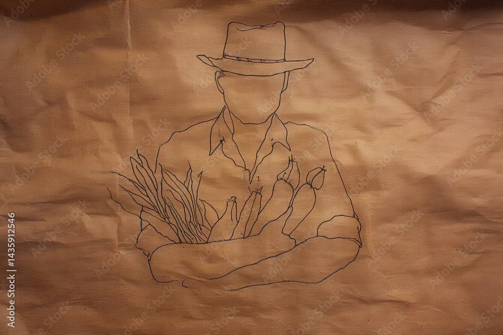 Minimalist Line Art of Farmer Holding Fresh Vegetables on Paper