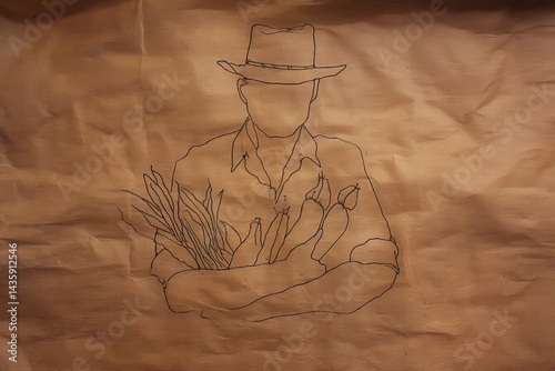 Obraz na płótnie Minimalist Line Art of Farmer Holding Fresh Vegetables on Paper w salonie