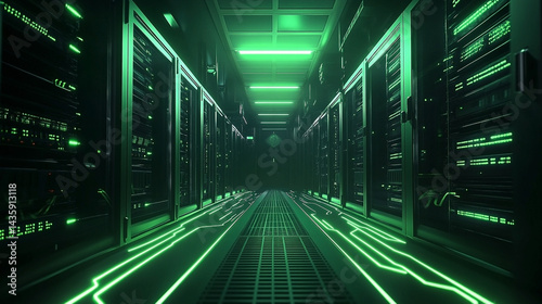 Futuristic server room filled with glowing green circuitry and server racks