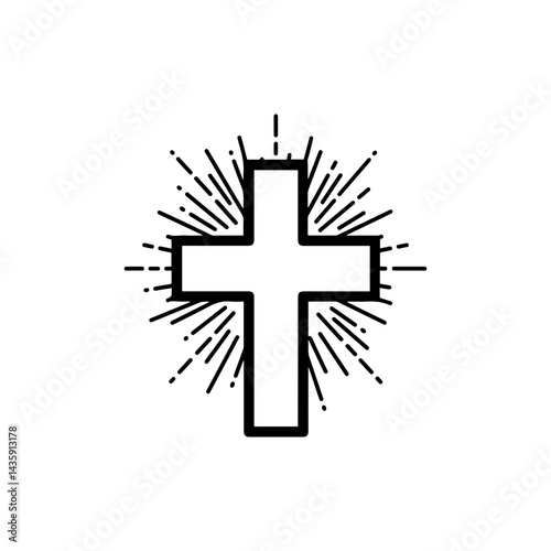 Black Cross Icon with Expanding Energy Lines Symbolizing Strength