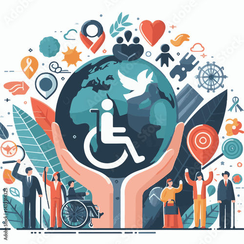 world, poster, care, international, disability, illustration, vector, awareness, concept, people, global, day, disabilities, banner, worldwide, month, happy, rights, prevention, health, help, graphic 