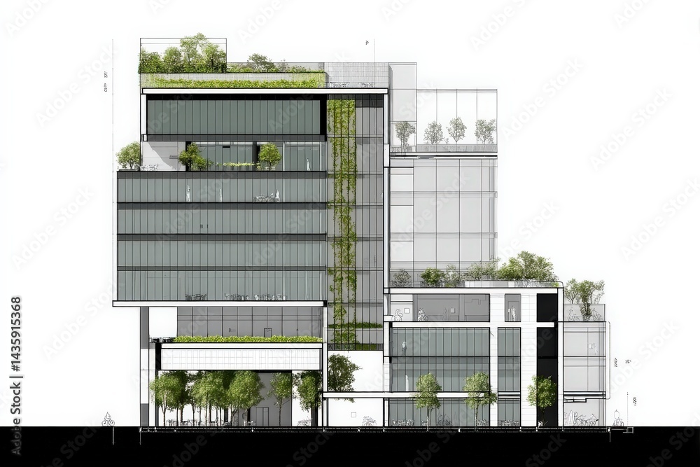 Modern Architectural Design with Greenery and Glass Elements