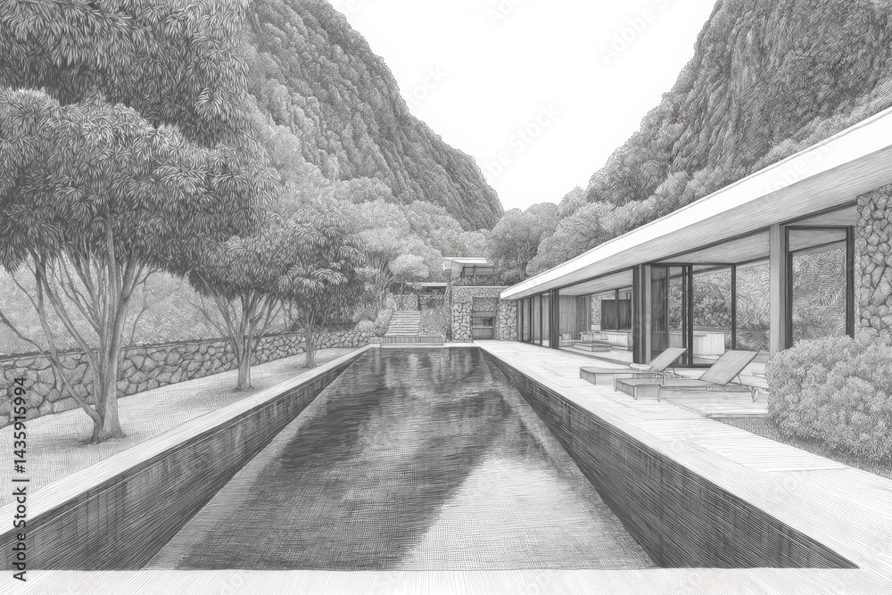 Modern Architectural Drawing of Serene Poolside Retreat
