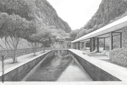 Obraz na płótnie Modern Architectural Drawing of Serene Poolside Retreat w salonie