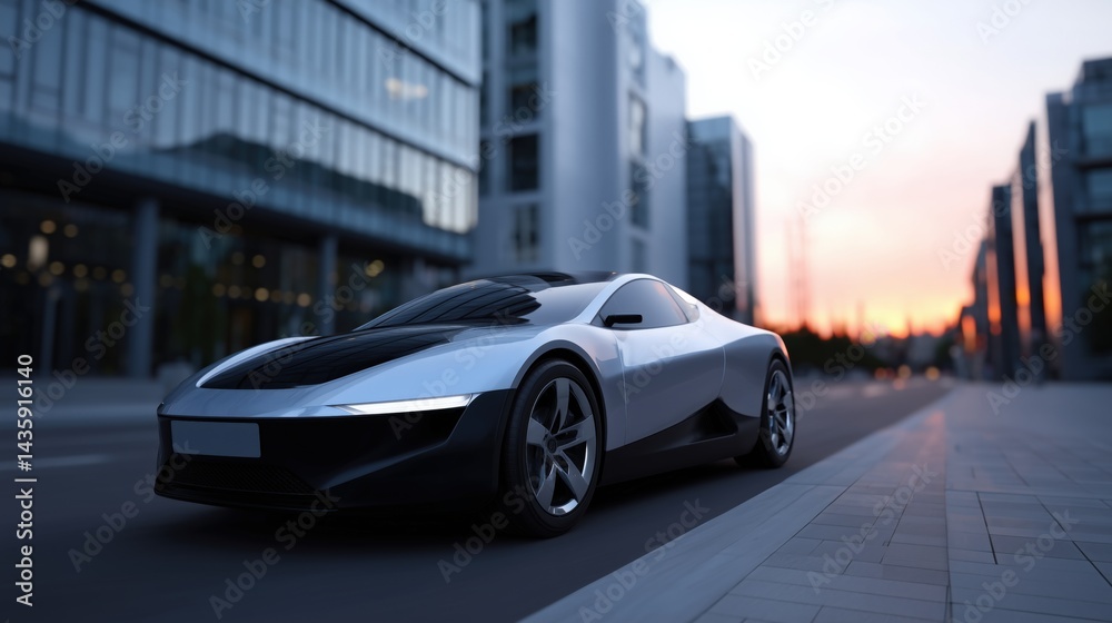 Fototapeta premium Futuristic Autonomous Electric Car on Sleek City Street During Sunset Generative AI