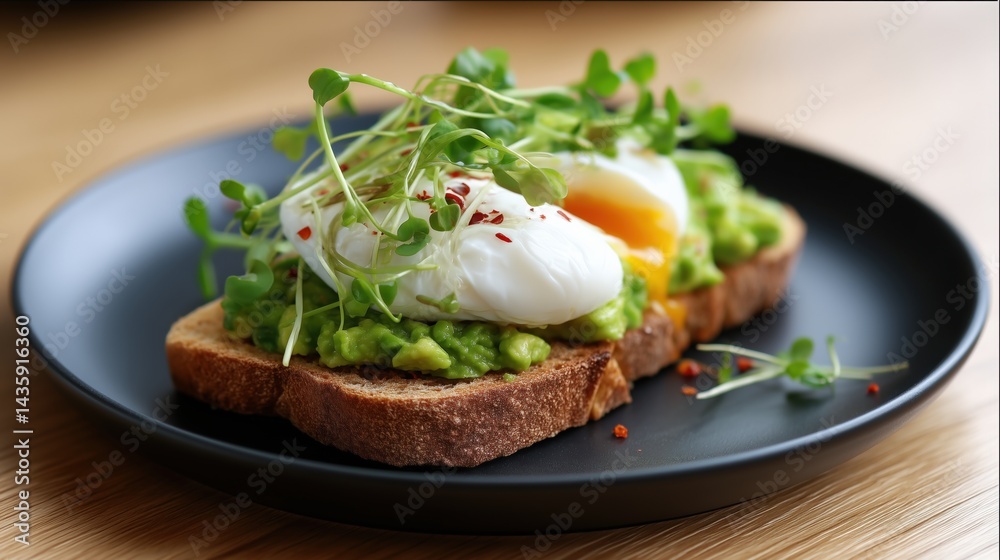 Gourmet Avocado Toast With Poached Egg and Microgreens on Wooden Table Generative AI Gourmet Avocado Toast With Poached Egg and Microgreens on Wooden Table Generative AI