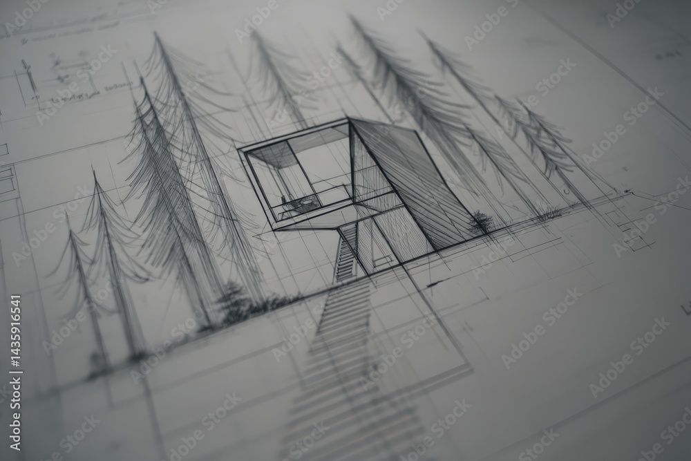 Modern architectural sketch of a minimalist house in forest setting