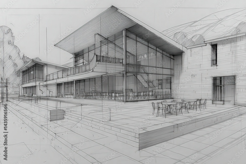 Modern Architectural Sketch of Building Design with Landscape