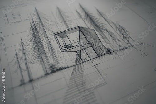 Obraz na płótnie Modern architectural sketch of a minimalist house in forest setting w salonie
