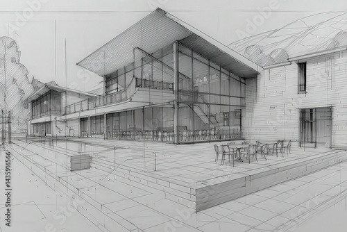 Obraz na płótnie Modern Architectural Sketch of Building Design with Landscape w salonie