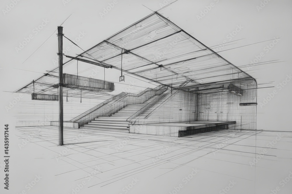 Modern Architectural Sketch of Minimalist Staircase with Canopy