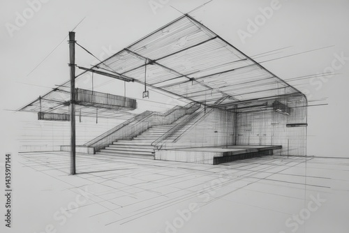 Obraz na płótnie Modern Architectural Sketch of Minimalist Staircase with Canopy w salonie