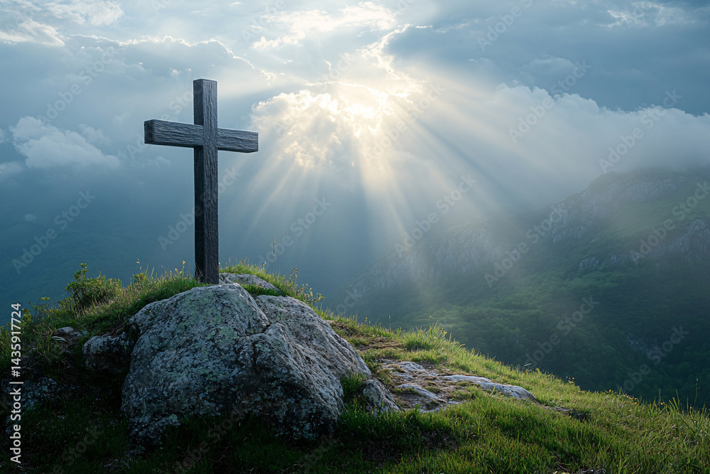 Wooden Cross On Mountain