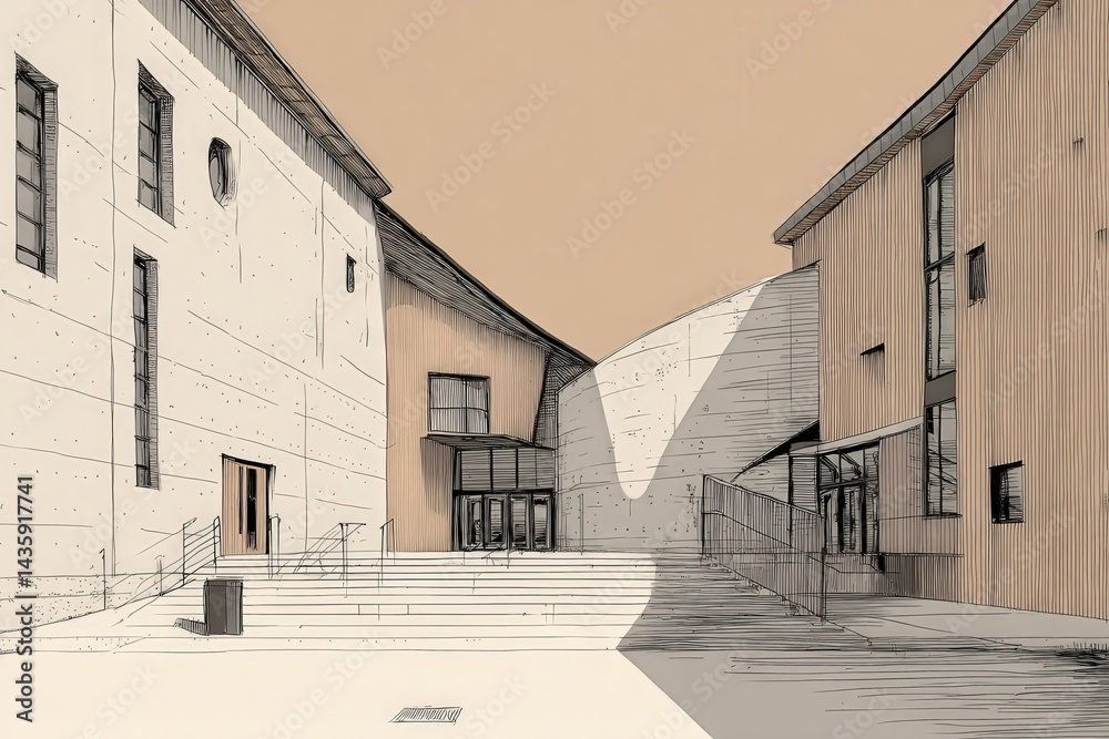 Modern Architectural Sketch of Urban Building Design and Structure