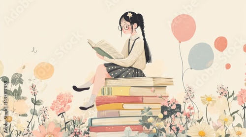 Girl reading on books stack in meadow with flowers and balloons, for education or children concepts