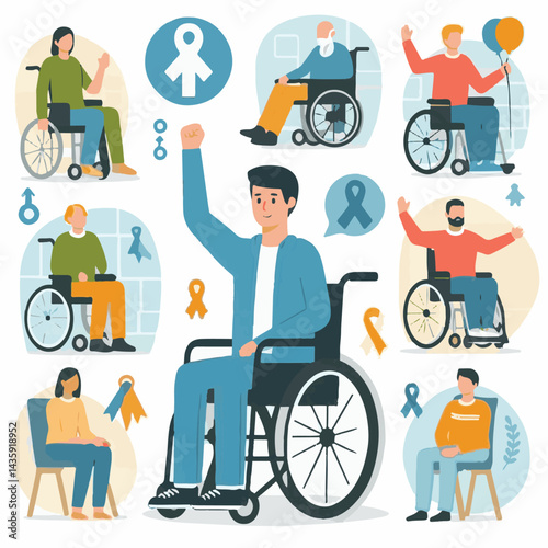 world, poster, care, international, disability, illustration, vector, awareness, concept, people, global, day, disabilities, banner, worldwide, month, happy, rights, prevention, health, help, graphic 