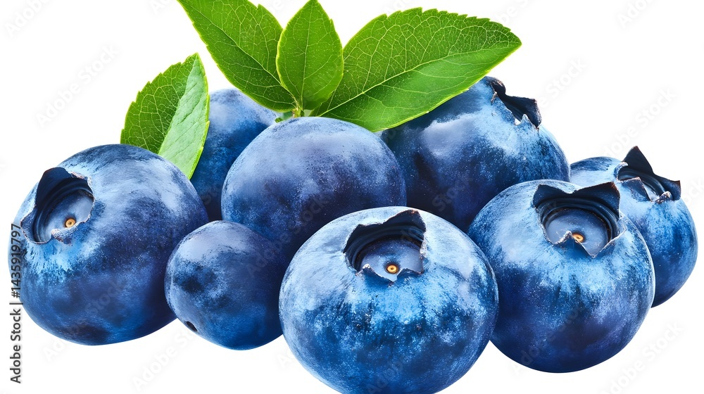 Obraz premium Fresh Blueberries with Green Leaves Isolated on White Background