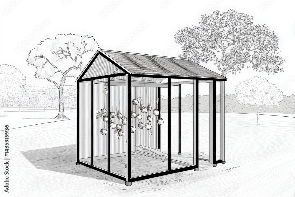 Modern Garden Structure with Glass Walls and Metal Frame Design