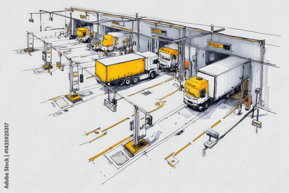 Modern Logistics Hub with Trucks and Loading Docks